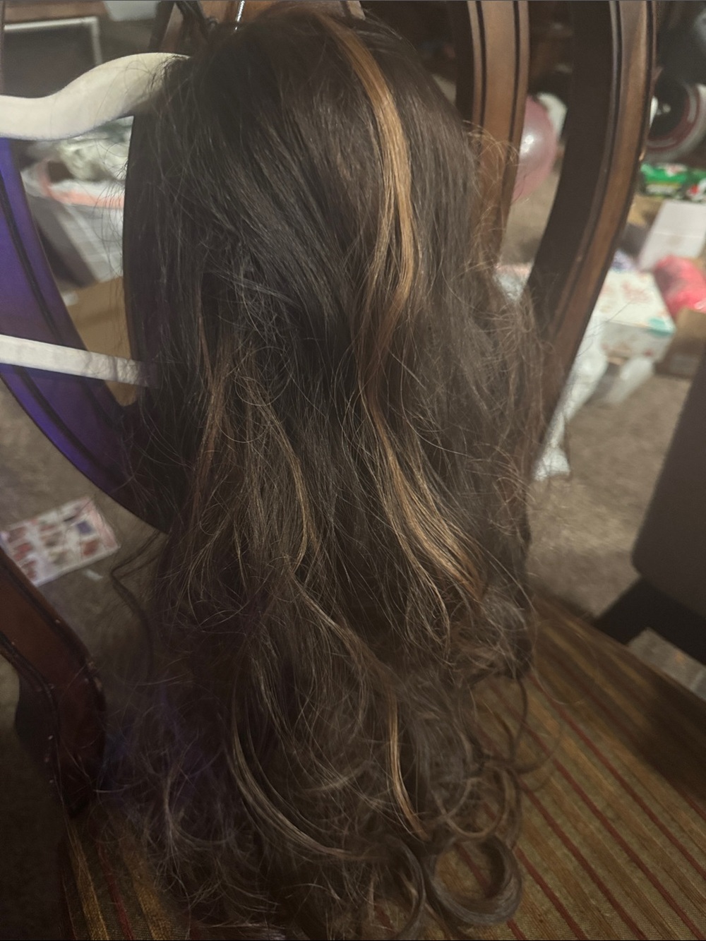 Long Wavy Brown Women's Wig with Blonde Highlights - Natural Finish
